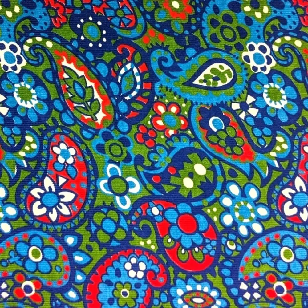 2 1/3 Yards Vintage 1970's CORDUROY FABRIC Hippie Flower Power Bright Paisleys